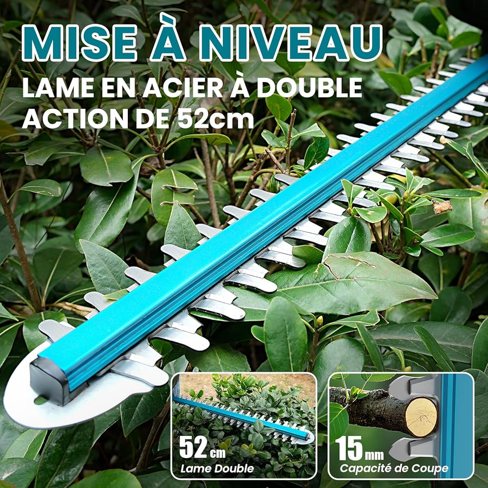 TrimCut Pro Taille-haies sans fil 21 V moteur Brushless lame 52 cm batterie 8000 mAh