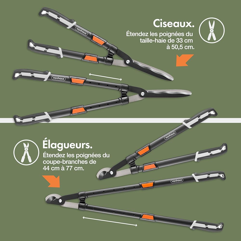 VonHaus Lot de 3 Cisailles de Jardin – Coupe-Branches, Taille-Haie, Sécateur – Poignées Télescopiques Extensibles – Prise Douce – Outils Légers : Jardin