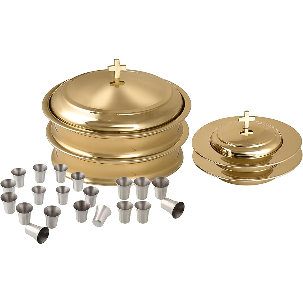 2 plateaux de service pour vin sacré avec couvercle et 2 assiettes à pain empilables avec un couvercle + 80 tasses – Acier inoxydable (laiton/doré brillant) : Cuisine et Maison