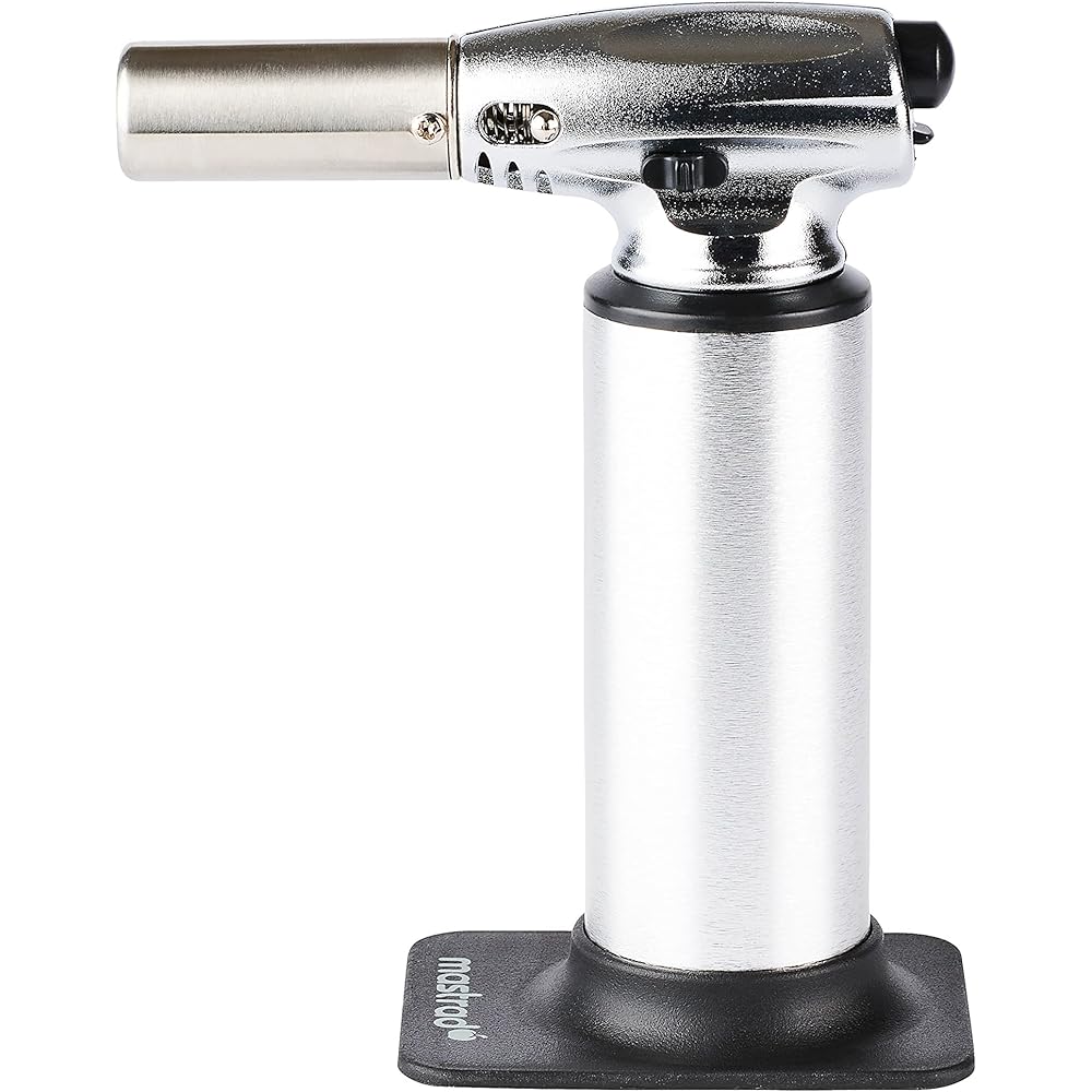 MASTRAD - Chalumeau de Cuisine Professionnel - Utilisation Simple - Rechargeable Au Gaz - Capacité 36 ml – Qualité professionnelle avec socle amovible, Gris : Cuisine et Maison