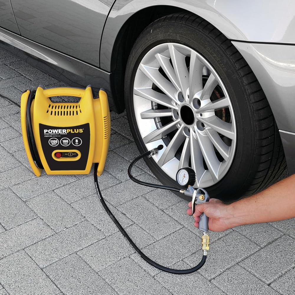 Powerplus POWX1705 - Compresseur 1100 W + 5 uds sans Huile Jaune : Bricolage