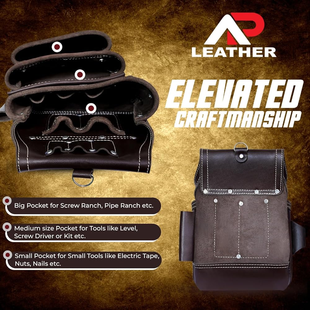 Ap-Leather Pro-302 Ceinture à outils en cuir tanné à l'huile de qualité supérieure, sac à outils de charpentier | Ceinture à outils marron chocolat, 29 poches avec 4 boucles, ceinture à outils de : Bricolage