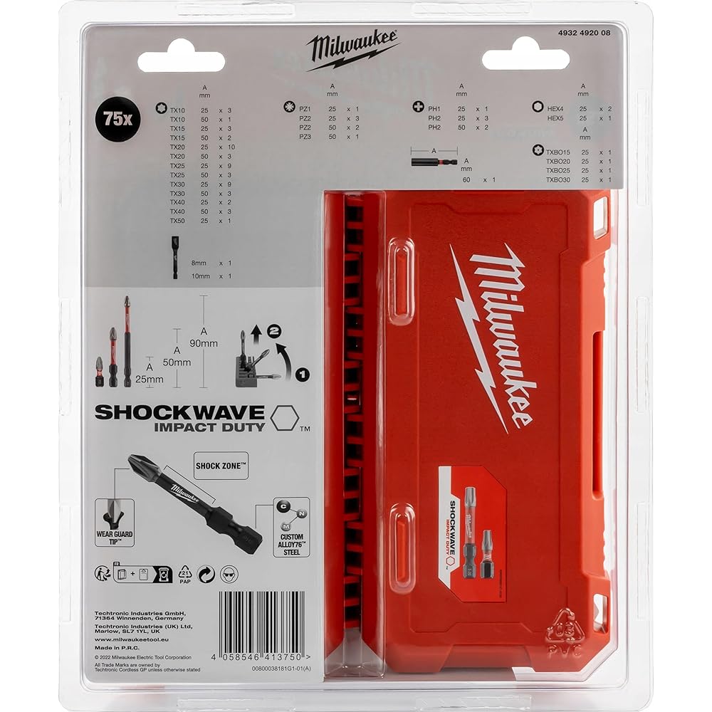 Milwaukee SHOCKWAVE Impact Duty 4932492008 Lot de 75 embouts résistants aux chocs (TX, PZ, PH, HEX, TXBO, accessoires pour visseuse à percussion et tournevis) : Bricolage