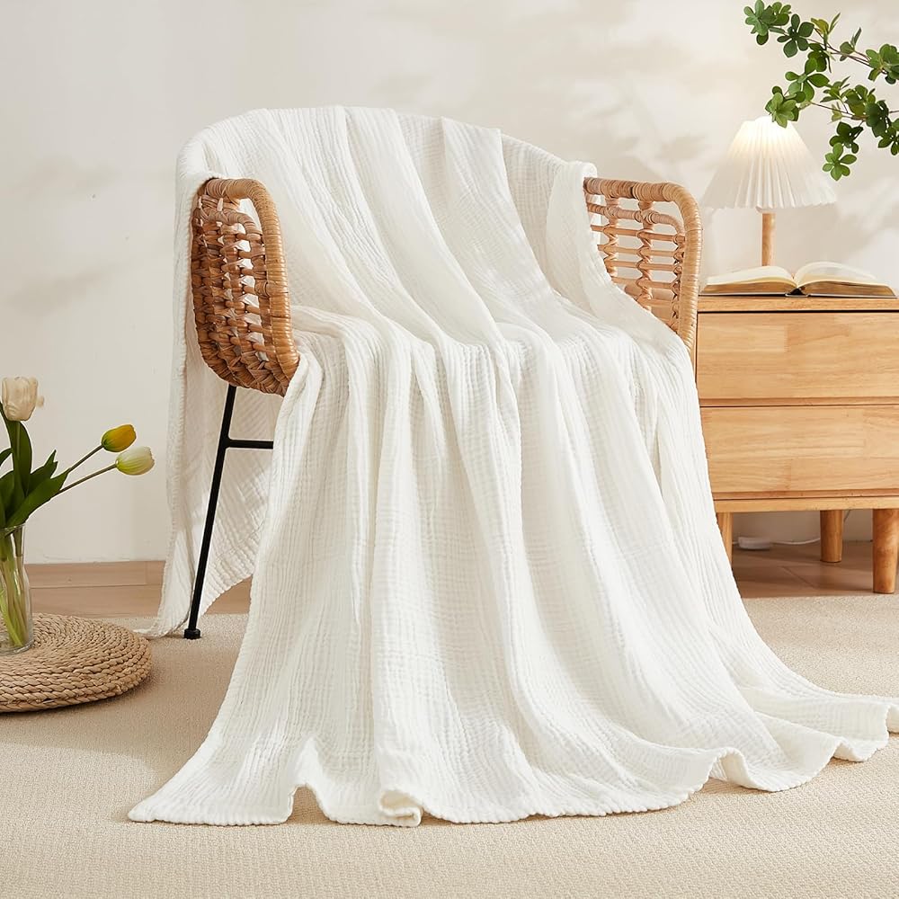 EMME – Grande couverture en coton doux à 6 couches pour lit queen size, toutes saisons, légère et respirante (blanc, 203 x 228,5 cm) : Bébé et Puériculture