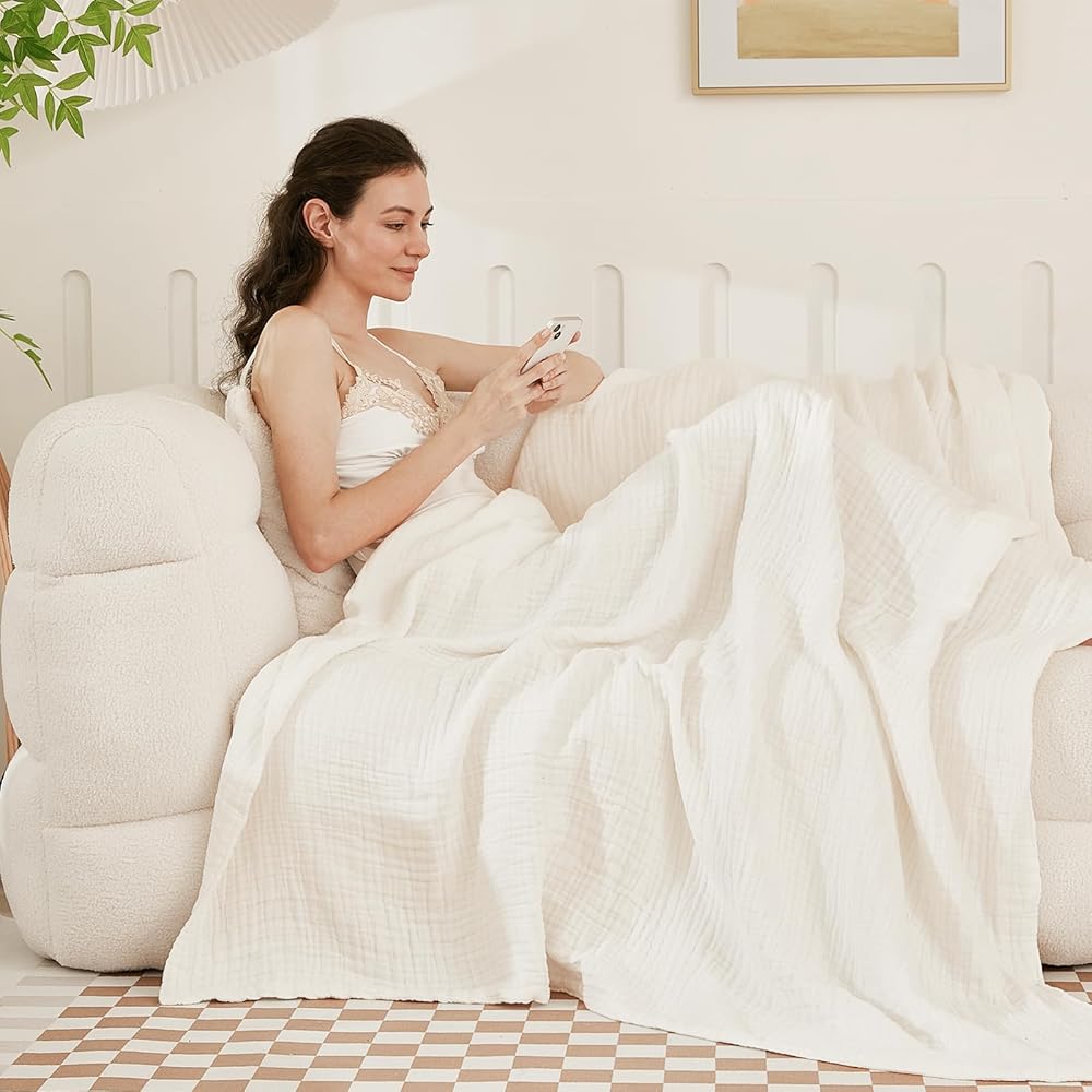 EMME – Grande couverture en coton doux à 6 couches pour lit queen size, toutes saisons, légère et respirante (blanc, 203 x 228,5 cm) : Bébé et Puériculture