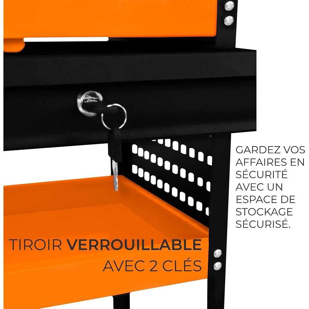 Chariot à Outils 81 x 36 x 79cm Acier Thermolaqué 3 Niveaux Capacité Totale 150KG - Tiroir Verrouillable - Servante sur roulettes Atelier Garage Bricolage Rangement [6 Crochets & 2 Clés Inclus] : Bricolage