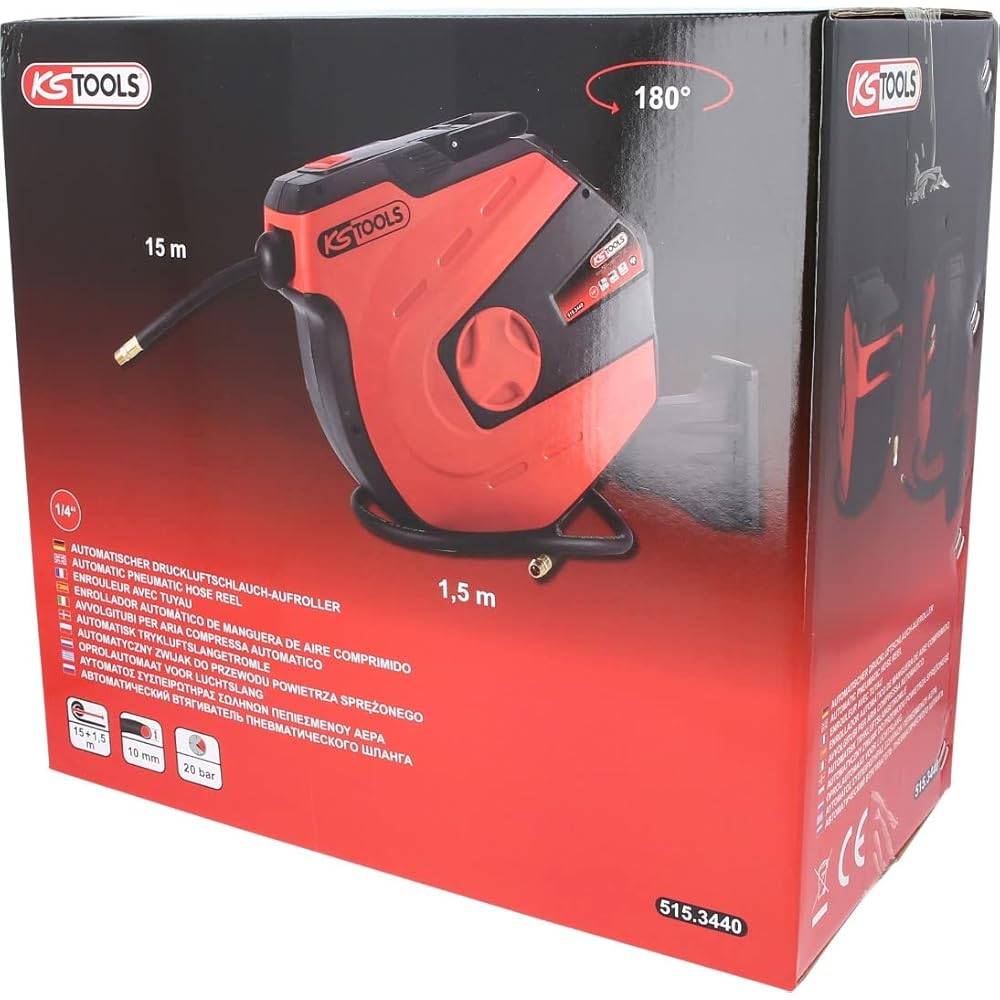 Ks tools Enrouleur de tuyau d'air et d'eau ks tools - mural - 15m - 1/4 pouce - 515.3440 : Bricolage