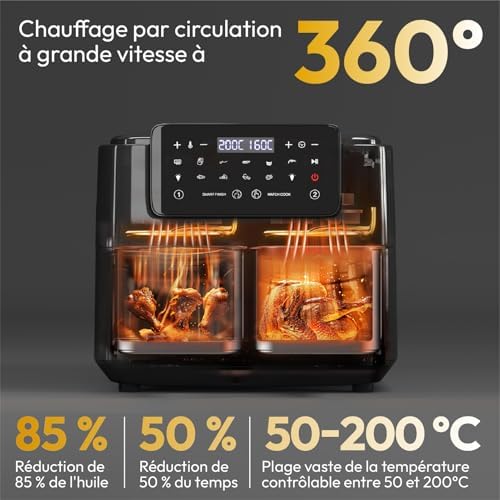 LLIVEKIT Friteuse sans huile 10L, 2 cavités 12-en-1 avec rôtissoire