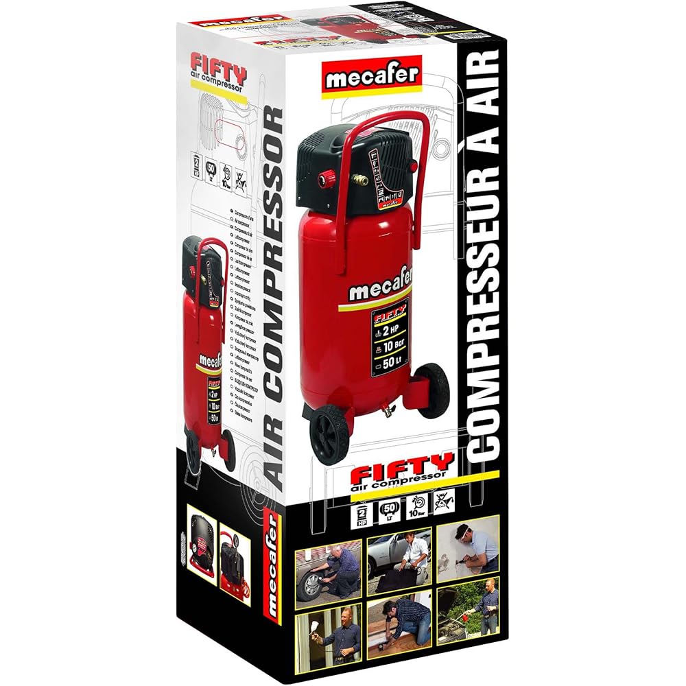 Mecafer Fifty 425090 Compresseur d'air 50 L 2 HP avec tuyau à air FERM 10 m
