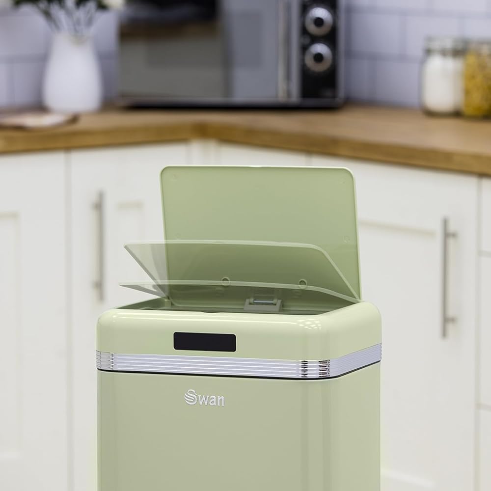 Swan Poubelle de cuisine automatique rétro avec capteur de mouvement, 45 litres, métallique, grande capacité, design vintage, vert : Cuisine et Maison
