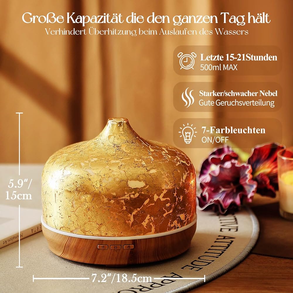 Porseme Verre diffuseur d'arômes 500ml, diffuseur pour huiles essentielles, Grand humidificateur, Brume fraîche ultrasonique, 7 changements de Couleur, Dure 15 à 21 Heures pour Appartement(Plaqué Or) : Hygiène et Santé