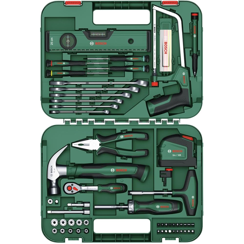Bosch Set de 64 outils à main Advanced (kit bricolage polyvalent ; haute qualité ; outils ergo; pinces, clés, tournevis, cliquets, outils de mesure, scies, marteaux, etc.) : Bricolage