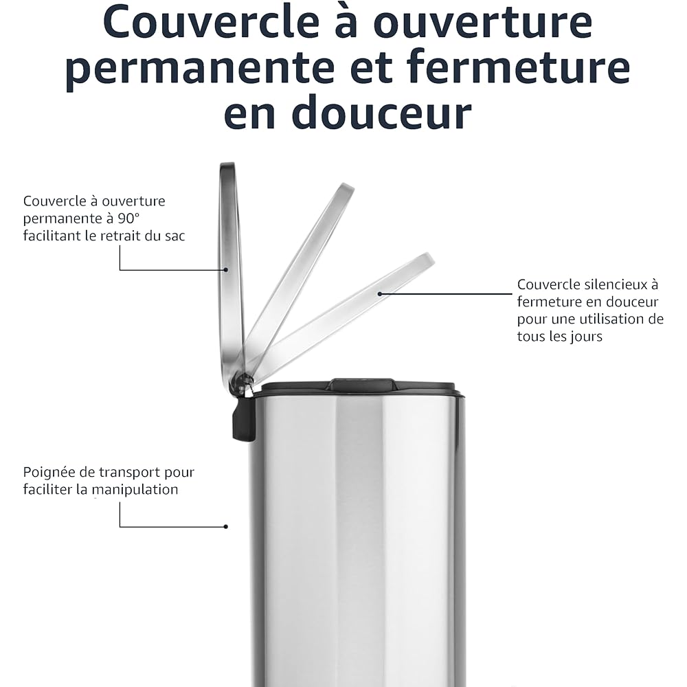 Amazon Basics Poubelle rectangulaire à fermeture douce, 50 l (13.2 Gallons), nickel satiné : Cuisine et Maison