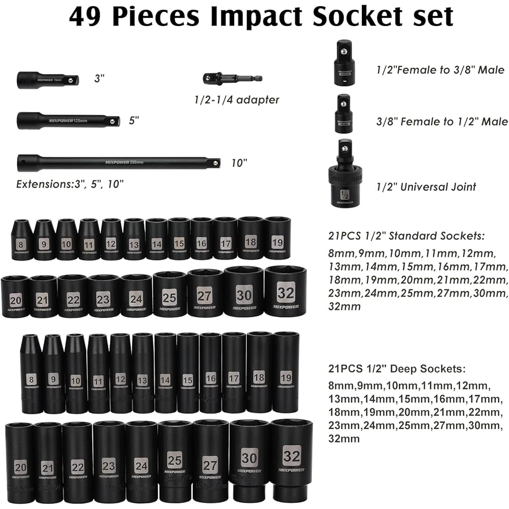 MIXPOWER Lot de 49 douilles à choc 1/2" profondes/peu profondes, (8 mm-32 mm), CR-V, métrique, comprend des barres d'extension, des adaptateurs, un joint universel à impact : Bricolage