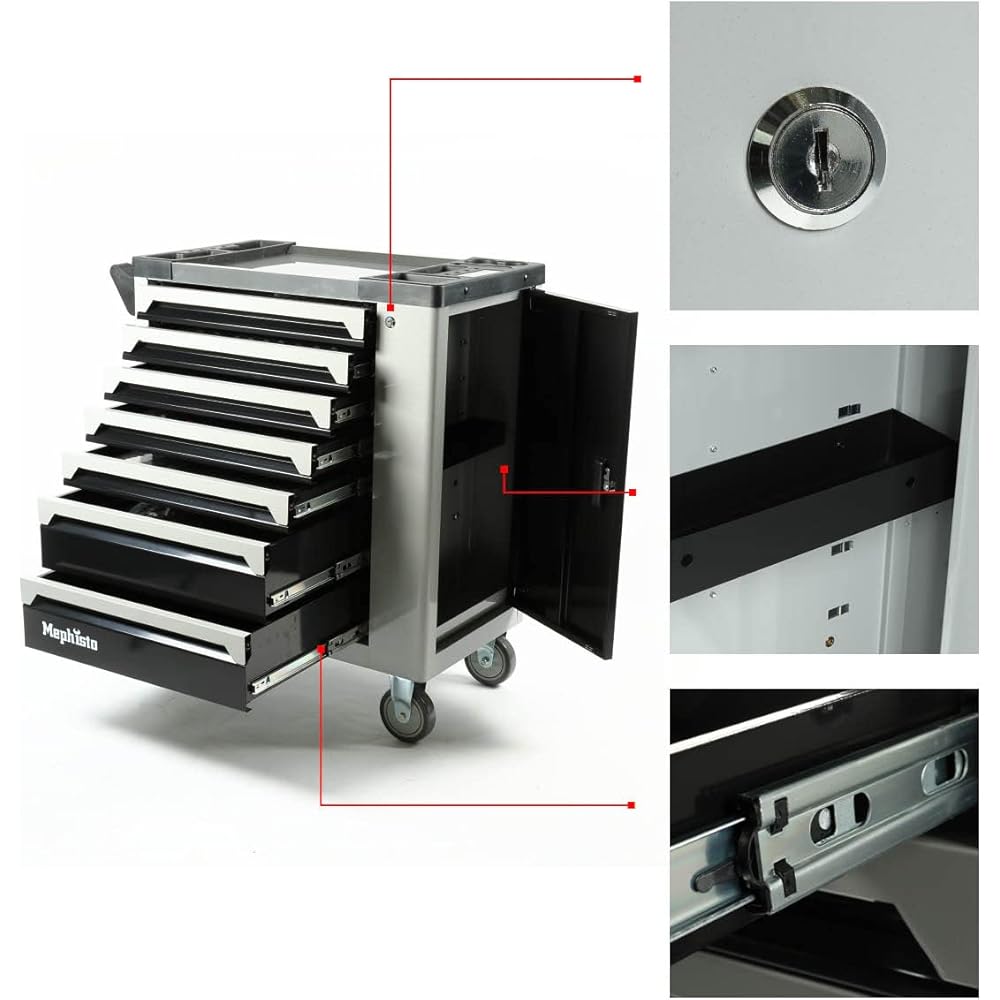 Mephisto Chariot d'atelier XXL Tool Wagen avec 7 tiroirs dont 7 avec outils dans des incrustations souples dans un tiroir rempli aspect carbone + insert supplémentaire avec clé à molette : Bricolage