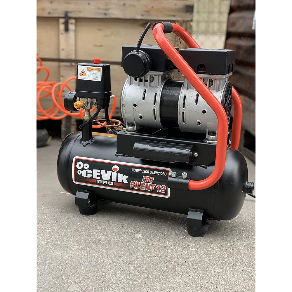 CEVIK PRO - CA-PRO12SILENT - Compresseur d’Air Silencieux - 62 dB - 12L - 1HP - Max 8 Bar - 115 l/min - Sans Huile - Deux Sorties d’Air - Compact Portable - Compresseur Peinture Outils Pneumatiques : Bricolage