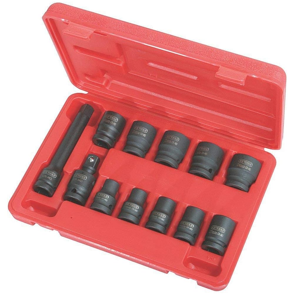 KS Tools 515.0112 - Coffret de Douilles à Choc 6 Pans 1/2' - Caisse à Outil en Compacte - Outillage Mécanique Avec Clé à Cliquet, 10 Douilles, Cardan, Rallonge - 12 Pièces : Bricolage