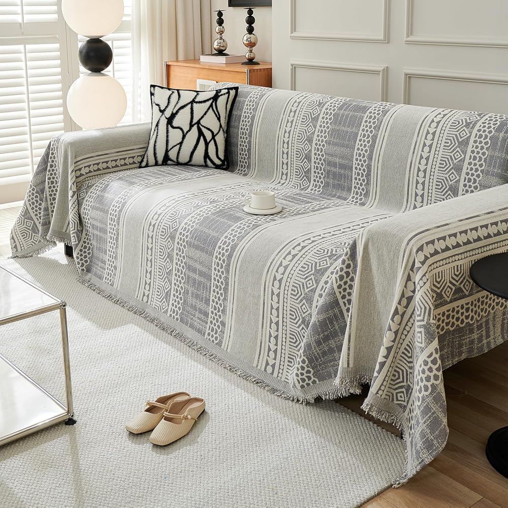 VanderHOME Housse de Canapé De Style Bohème Plaid Canape Grande Taille Chenille Jete de Canape avec Frange, Réversible Jeté de canapé,Couverture Canapé 180 * 300cm-Grau : Cuisine et Maison