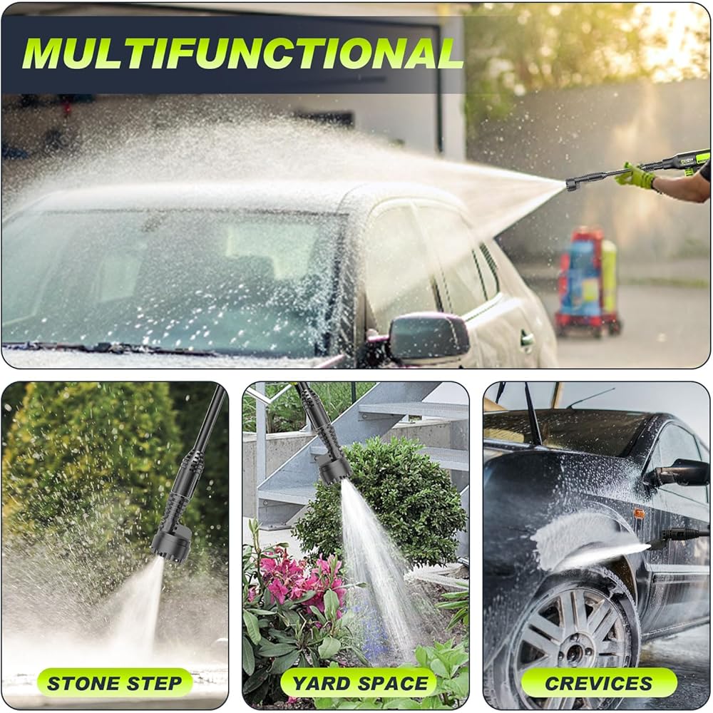 highsam Pressure Washer Nettoyeur haute pression sans fil 4 vitesses max. 120 bar avec 2 batteries 4,0 Ah, buse rotative 6 en 1 et 180 °, tuyau de 5 m : Jardin