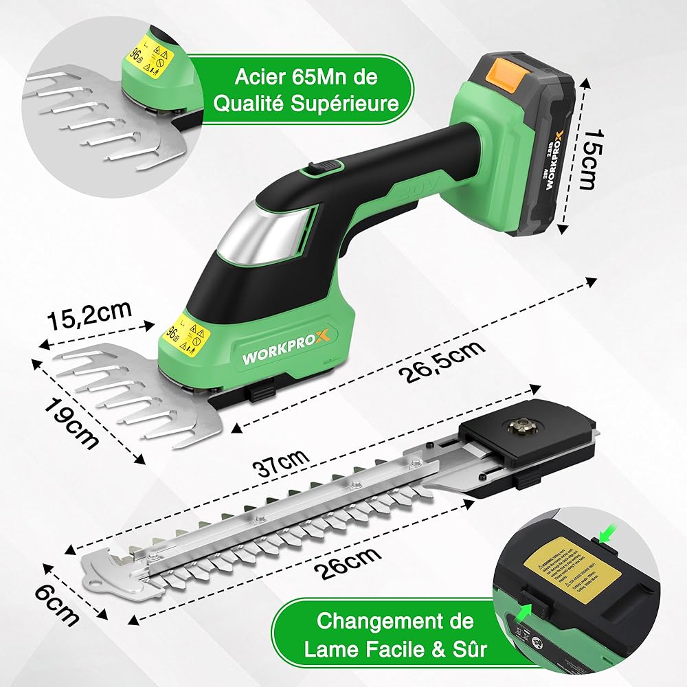 WORKPROX Cisaille Sculpte-Haie sans Fil 20V, Taille-Herbes Électrique avec Batterie 2,0Ah, Longueur/Largeur de Coupe 20 cm/14,5 cm, Ø8 mm, Outil de Jardin pour Gazon, Haies et Élagage, Noir & Vert : Jardin