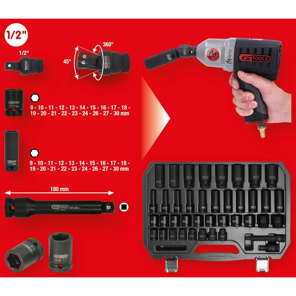 KS Tools - 515.0065 - Coffret douilles à chocs 1/2" - Malette outils douilles courtes et longues - douille a choc 40 pièces : Bricolage
