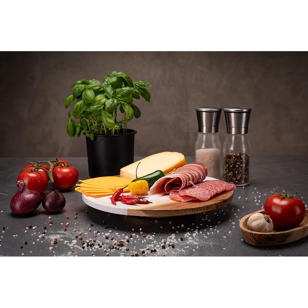 Fino Casa Plateau en Marbre Rotatif Avec Bois d'Acacia - Rond - Gâteau, Fromage, Organiseur de Cuisine - Pied et Service Tournant : Cuisine et Maison