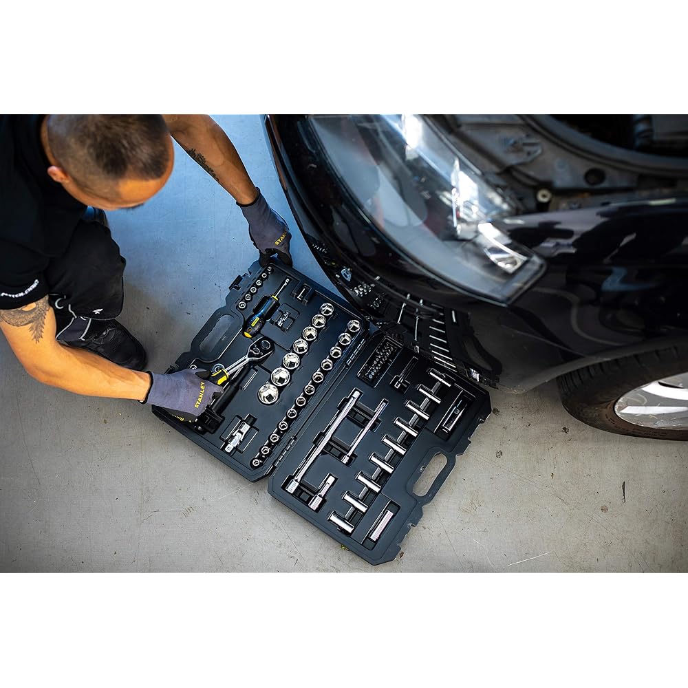 Stanley STMT82831-1 Coffret De Douilles ¼’’ + ½’’ + Cliquet 72 Dents 1/4" + Cliquet 72Dents 1/2" - Coffret Compact Et Résistant Avec Attaches Métal - Jeu De 72 Pièces : Bricolage