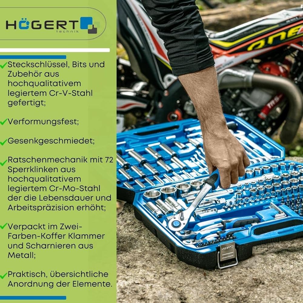 Högert Technik - Kit d'outils I Clé à douille, embouts et accessoires I Acier allié Cr-V de haute qualité I Forgé I Mécanisme à cliquet avec 72 cliquets de verrouillage I HT1R444-222 pièces : Bricolage