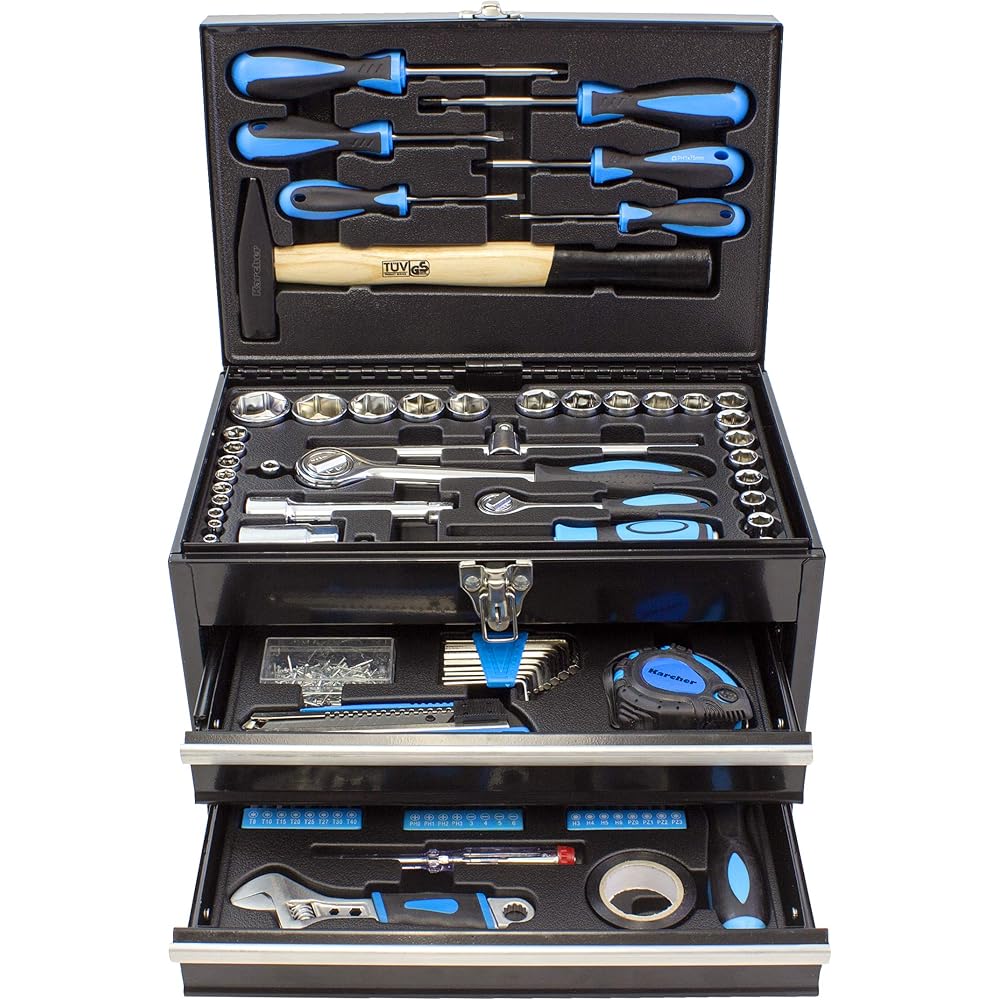 Karcher Mallette à outils 117 pièces - Ensemble d'outils avec marteau, tournevis, jeu de douilles et beaucoup plus : Bricolage