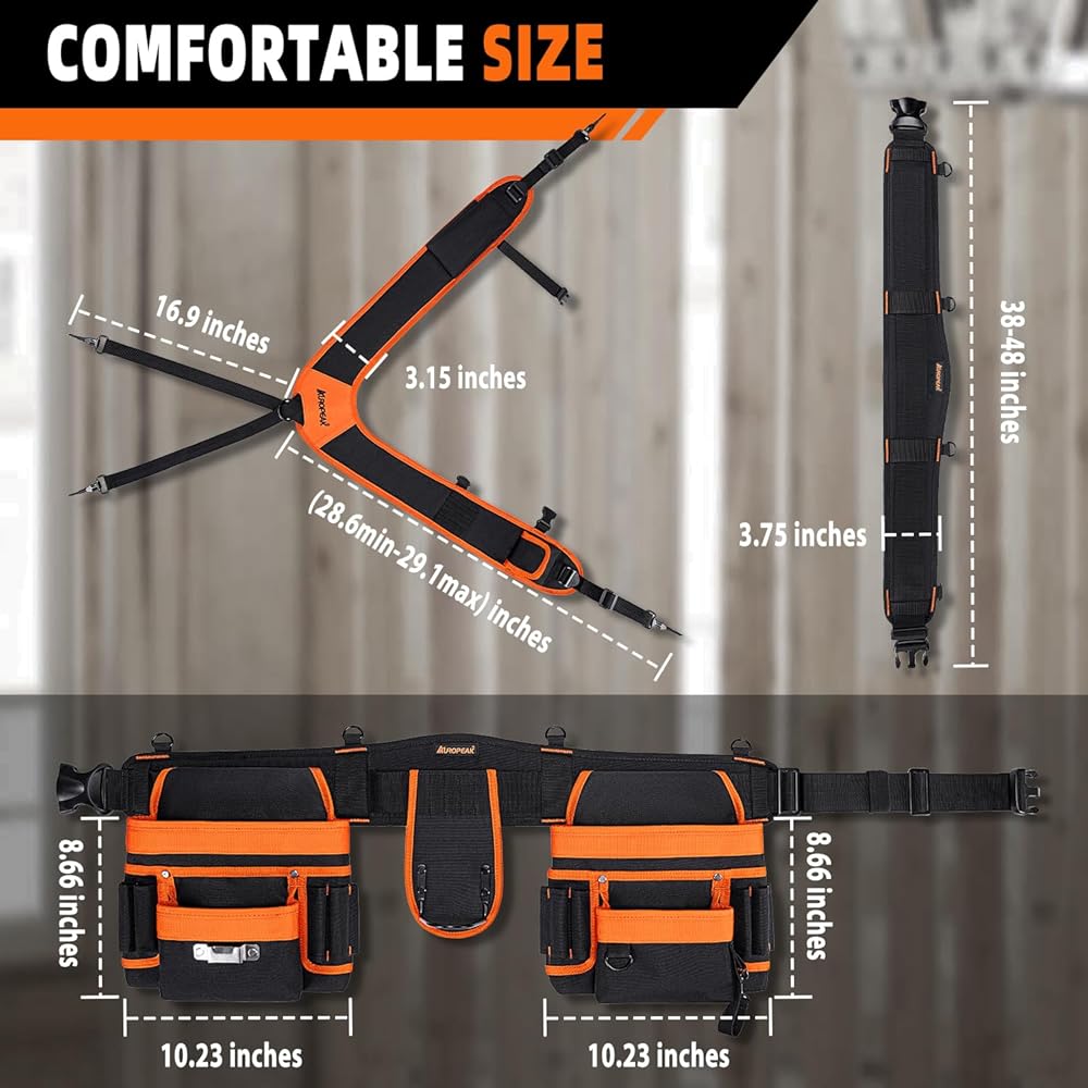 Ceinture à outils avec bretelles, 33 poches pour homme, en polyester 1680D, pochette à outils de charpentier robuste pour charpentiers, électriciens et jardinage, noir : Bricolage