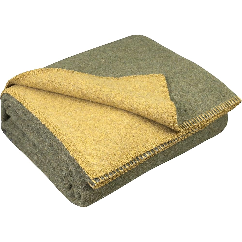 LYHome Plaid Laine Merinos - Couverture pour Canape Lit 1 Personne, Couvertures Accessoires Exterieur de Camping Militaire Voyage et Armee, Hiver Chaud 130x170 cm, Vert Olive - Moutarde Réversible : Cuisine et Maison