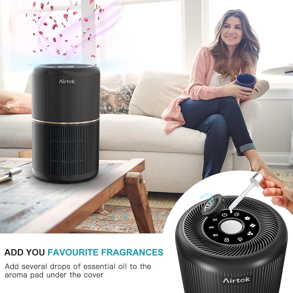 AIRTOK Purificateur d'Air, H13 HEPA Purificateur éliminant 99,97% de la poussière, de la fumée et des odeurs d'animaux, Air Purifier avec éponge parfumée, veilleuse, 3 niveaux de vitesse, Time : Cuisine et Maison