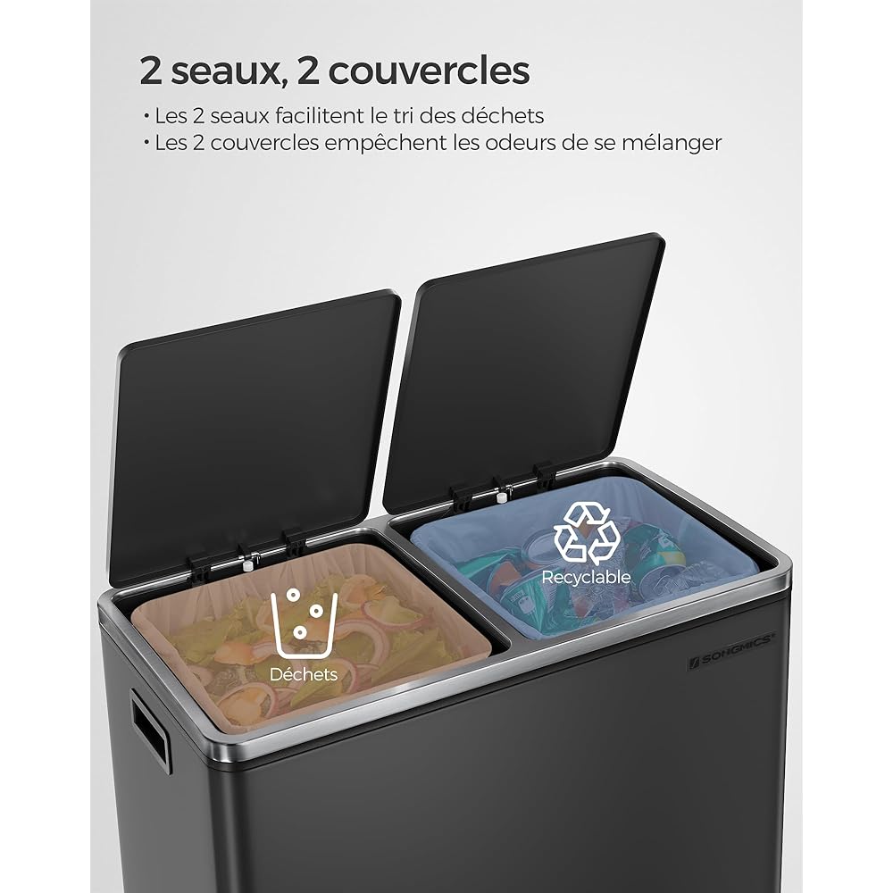 SONGMICS Poubelle Cuisine Tri Sélectif 2 x 30L, 2 Seaux en Plasatique, avec 15 Sacs Poubelles, Pédales en Métal, Couvercles, Poignées, Fermeture en Douceur, Hermétique, Noir LTB60BK : Cuisine et Maison
