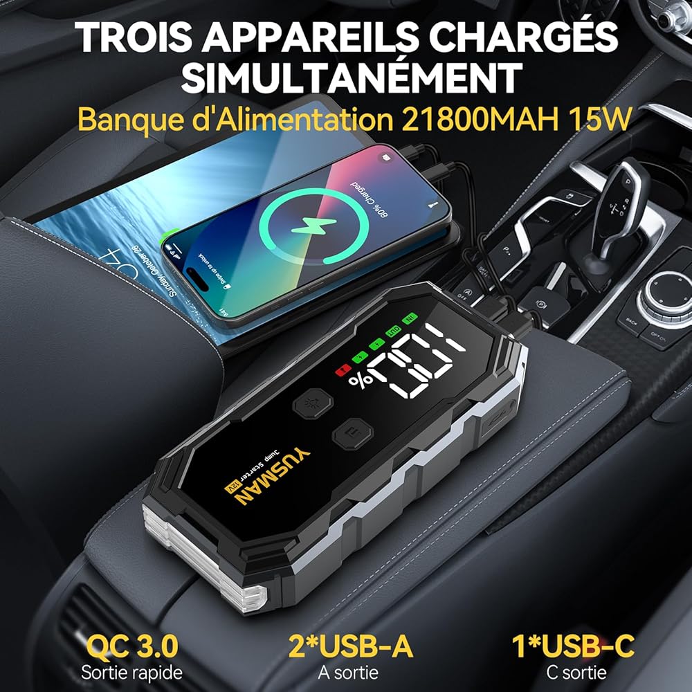 YUSMAN Booster Batterie Voiture 6000A, Démarreur Batterie Voiture Portable (Jusqu'à All GAS/10L Diesel),12V Jump Starter avec Pinces de Sûreté Intelligentes,QC3.0, Lampe à LED, Grand Écran LCD ﻿ : Auto et Moto