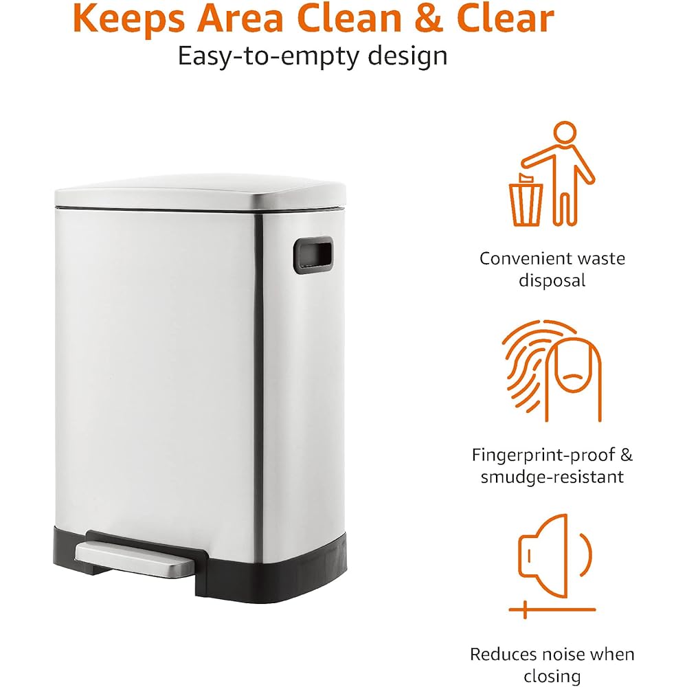 Amazon Basics Poubelle de recyclage rectangulaire à pédale avec 2 compartiments et couvercle à fermeture douce, 25 L & 15 L (40L), argent : Cuisine et Maison