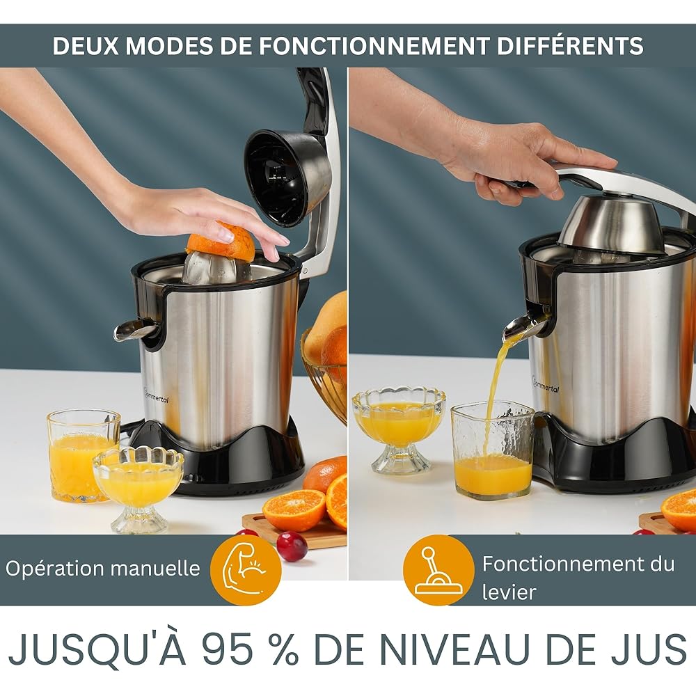 Sommertal CP850 - Presse-agrumes électrique avec moteur puissant de 850 W - Avec 2 cônes de pressage - Presse-agrumes manuel - Presse-agrumes en acier inoxydable - Presse-citron : Cuisine et Maison