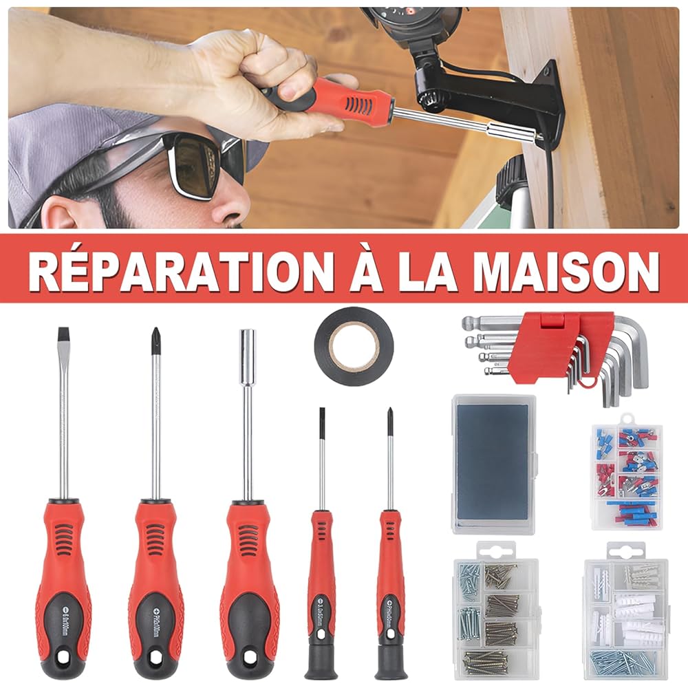 BINGCOBBER 427PCS Kit d'outils de réparation généraux de maison, Ensemble d'outils de réparation la maison/automobile, Boite a Outils Professionnel,Malette outils avec jeu de Tournevis, Marteau, Pince : Bricolage