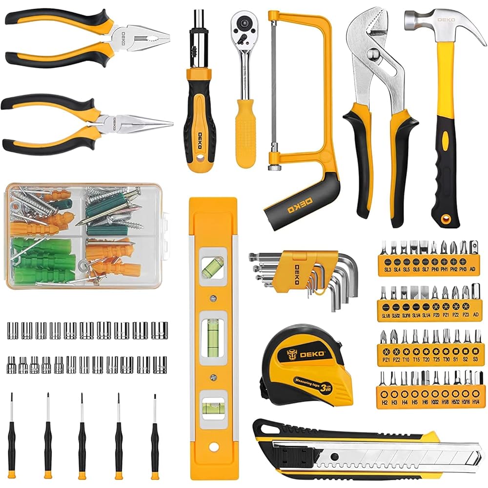 DEKO Caisse a Outil 228 Pièces, Malette Boite Coffret Complete Bricolage Portable Marteau Pinces Tournevis Clé Douille Ruban Mesurer Testeur Électrique Stylo Kits Réparation Combiné : Bricolage