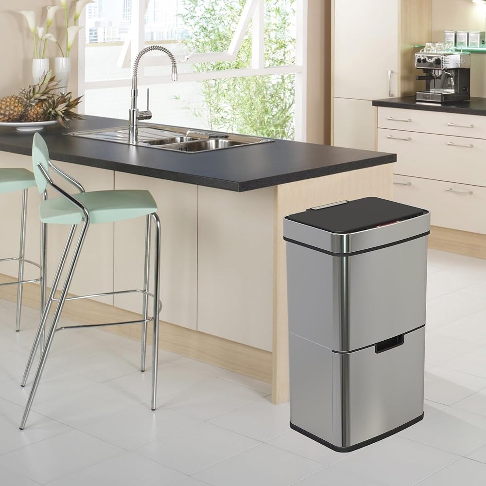 Poubelle De Cuisine Automatique Tri Sélectif Double Compartiment 75l NARVIK En Acier Inox Recyclage Grande Capacité Et Poubelle De Table 3l : Cuisine et Maison