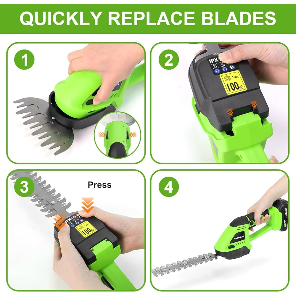 FOONNUN 2 en 1 Cisailles à Gazon, Taille Haie a Batterie avec 1x2000 mAh Batterie, Electrique Cisaille de Jardin, 2 Lames(13cm&20cm), Cisailles à Gazon Sans Fil Portatives pour Arbustes, Jardin, Gazon : Jardin