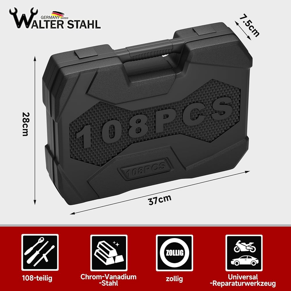 Walter Jeu de douilles en acier 108 pièces avec boîte à douilles 1/4" et 1/2", avec cliquet, clé à douille et jeu d'embouts, douilles, mallette à outils : Bricolage