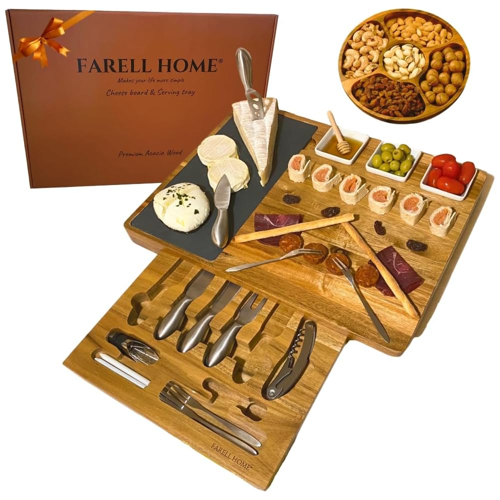 Farell Home® – Plateau a Fromage & Charcuterie en Bois d'Acacia - Planche Complet pour l’Apéro – Couverts, Ardoise et Ramequin – Coffret Dégustation – Idée Cadeau. (Rectangulaire) : Cuisine et Maison
