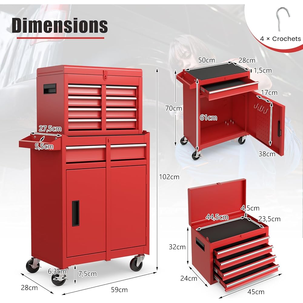 GYMAX Servante d'Atelier Outils, avec Coffre Amovible, 5 Tiroirs, 2 Grande Étagère, Caisse à Outil Roulante, Chariot d’Atelier, 4 Roues Universelles(2 avec Freins), Établi pour Bricolage Automobile : Bricolage