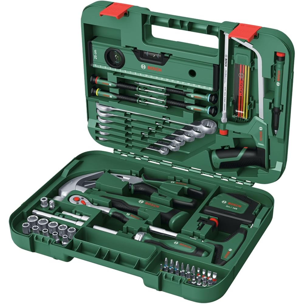 Bosch Set de 64 outils à main Advanced (kit bricolage polyvalent ; haute qualité ; outils ergo; pinces, clés, tournevis, cliquets, outils de mesure, scies, marteaux, etc.) : Bricolage