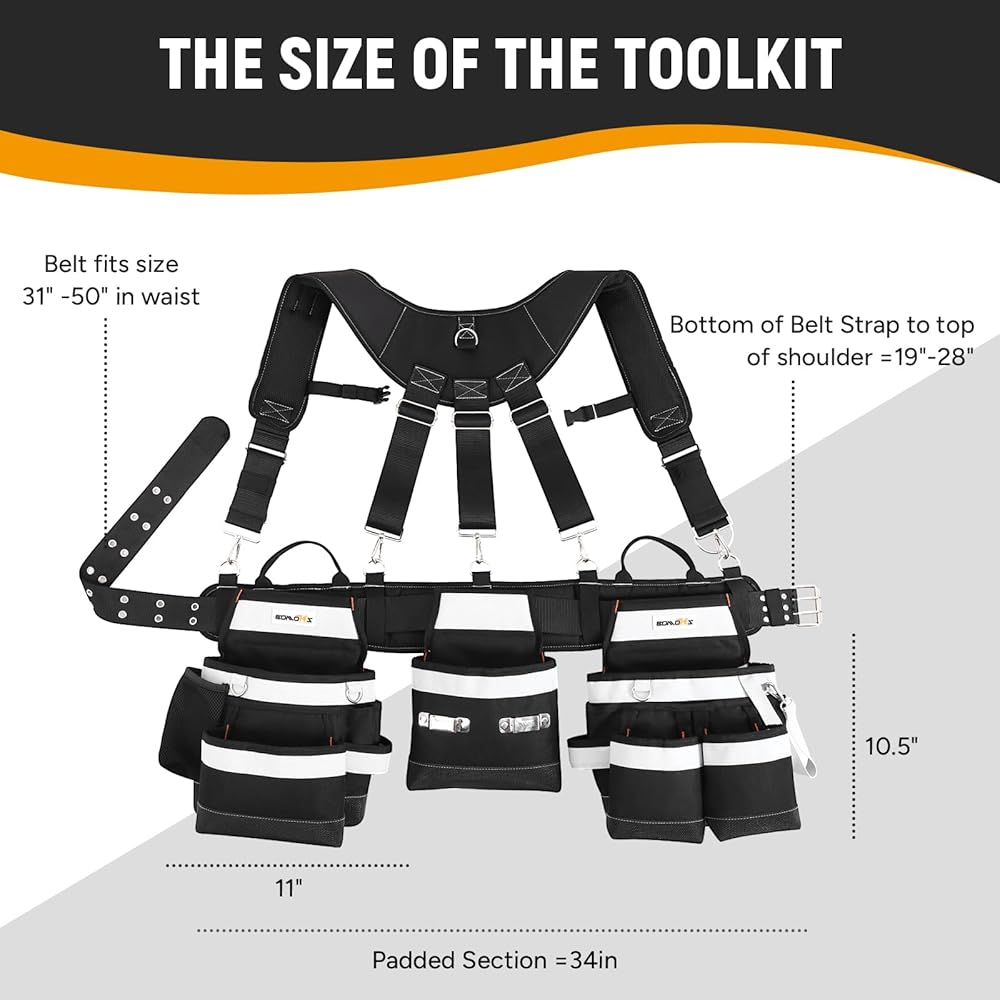 BOMOKS Ceinture à outils professionnelle avec bretelles – Construction robuste et confortable : Bricolage
