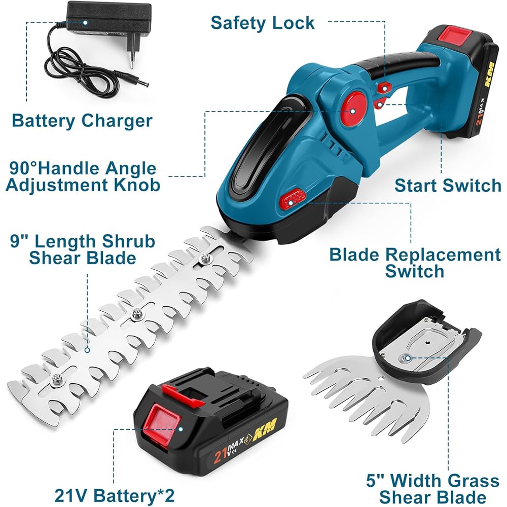 24V Taille-haie Electrique sans Fil, 2 en 1 Taille Haie et Cisaille à Gazon avec 2x1500mAh Batterie, 100mm+300mm Lames et Adaptateur, Coupe Haie sans Fil pour Arbustes Jardin Gazon Pelouse : Jardin