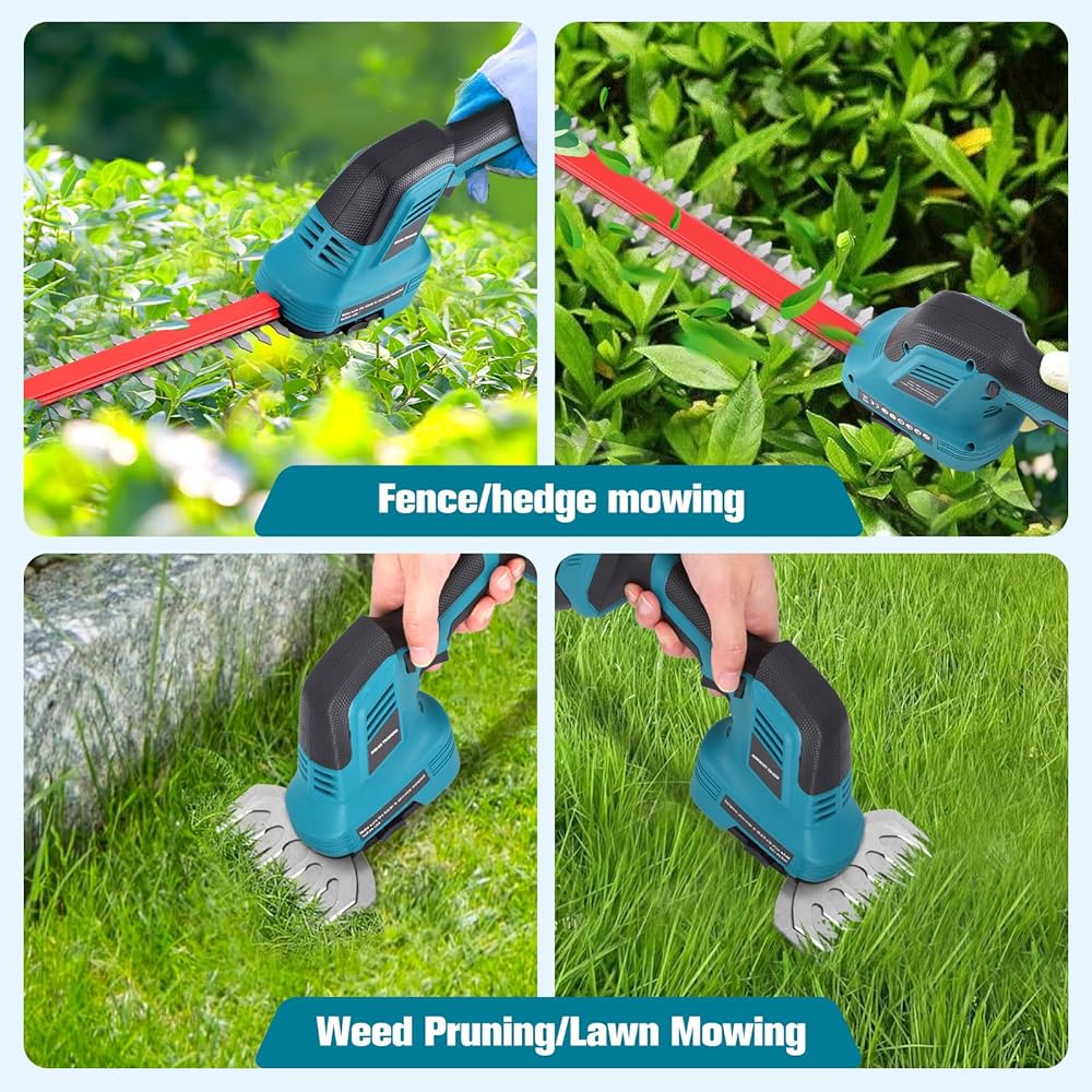 2 en 1 Taille-Haies sans Fil 21V, Cisaille à Gazon Electrique avec Batterie 2 x 1500mAh et 2 Lames, Lame Longue 31 cm/Lame Courte 15 cm, pour Jardin, Pelouse, Arbustes,Gazon : Jardin