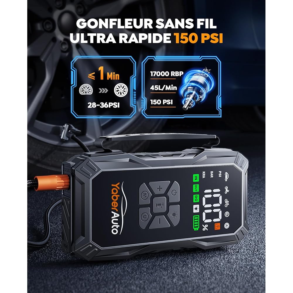 Booster Batterie Voiture avec Compresseur D’Air 150PSI, 5500A YaberAuto Booster Batterie Voiture Puissant (Tous Gaz/Diesel 10L) Démarreur avec Charge Rapide 18W, DC 150W LED 4 Modes 3,3 Grand Écran : Auto et Moto