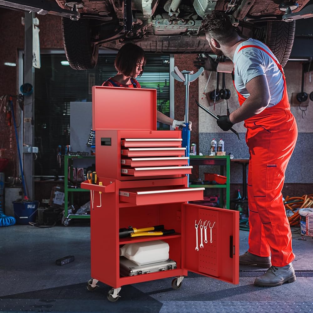 GYMAX Servante d'Atelier Outils, avec Coffre Amovible, 5 Tiroirs, 2 Grande Étagère, Caisse à Outil Roulante, Chariot d’Atelier, 4 Roues Universelles(2 avec Freins), Établi pour Bricolage Automobile : Bricolage