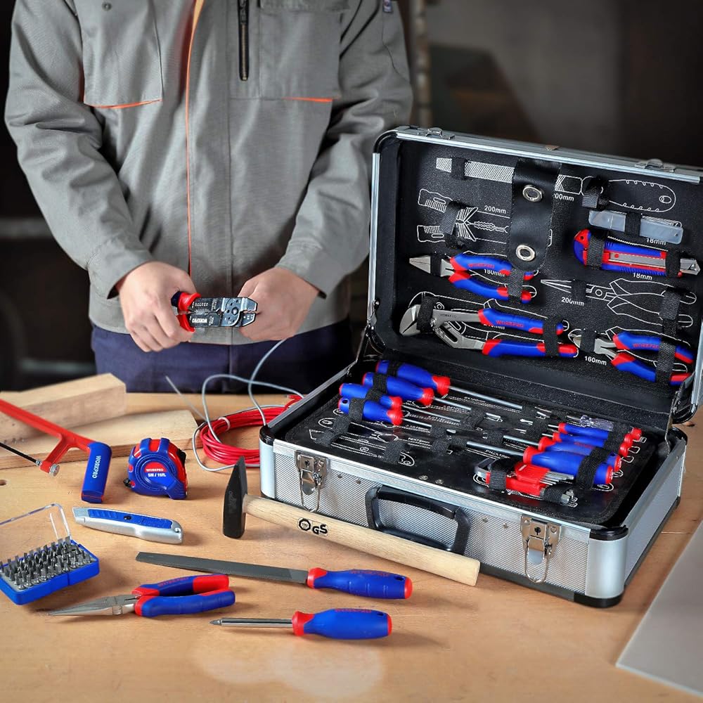WORKPRO Caisse à Outils Complete Professionnelle avec Mallette en Aluminium, Boite à Outils Complete pour Réparation Dommestique ou de Travail 119 Pièces : Bricolage